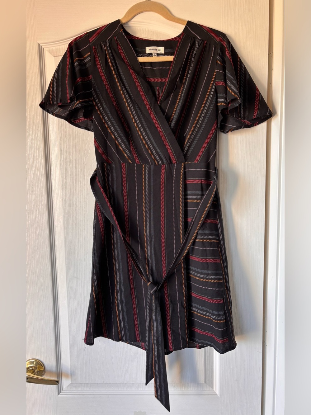Monteau Faux wrap Striped Dress women’s medium black short sleeve fit flare